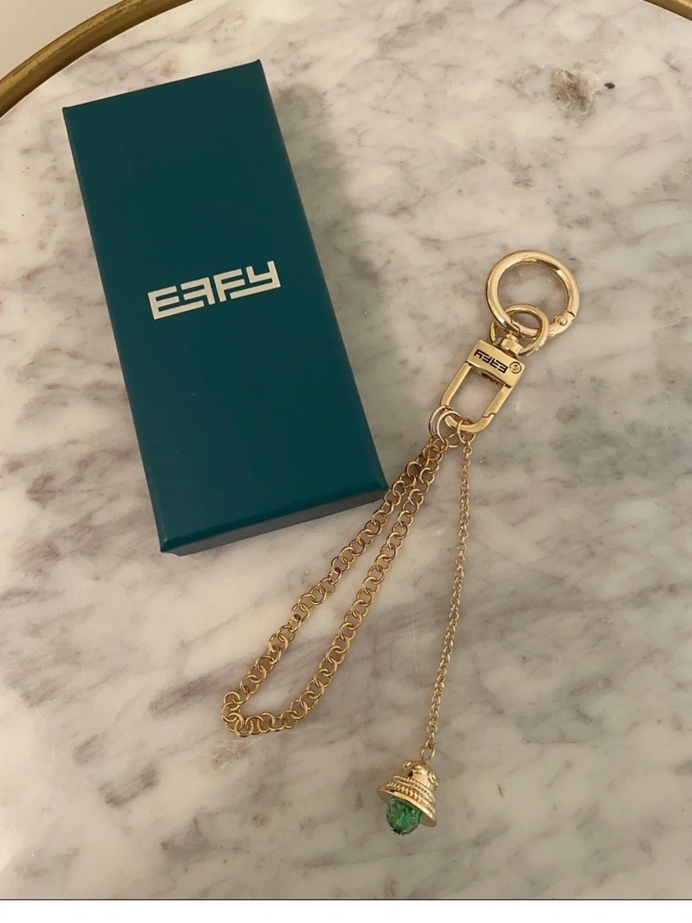 Effy Bell bag charm Gold-Tone Keychain with Green Stone bell Charm NEW IN BOX